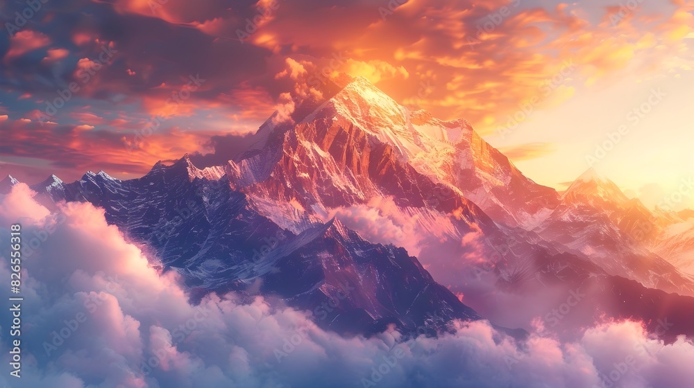 Majestic Mountain Sunset Landscape with Vibrant Sky and Golden Lit Peaks Natural Wonder and Serene Splendor Backdrop for Adventurous
