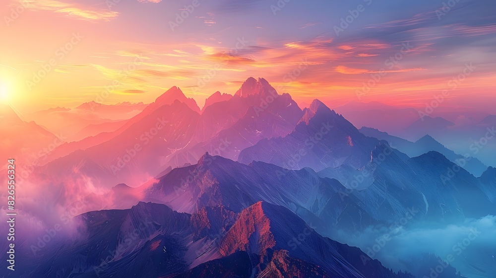 Stunning Mountain Landscape Bathed in Vibrant Sunset Hues Glowing Peaks and Serene Atmosphere Reflecting Natural Beauty and Adventure