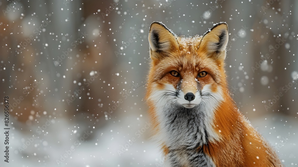 Vibrant Red Fox Alert in Snowy Woodland Habitat