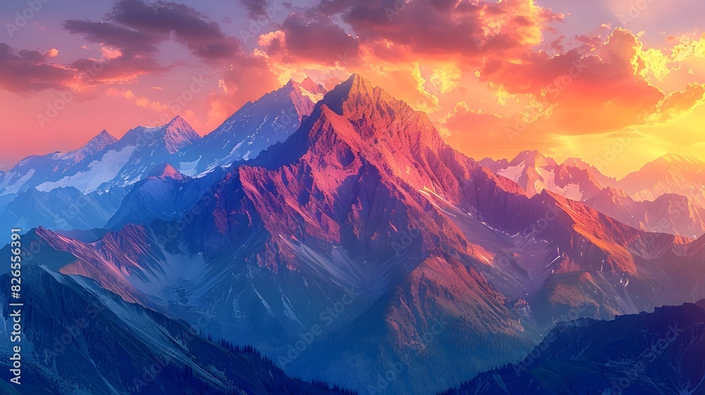 Majestic Mountain Peaks Bathed in Vibrant Sunset Hues Evoking Awe and Serenity in the Wilderness Majestic Mountain Peaks Bathed in Vibrant Sunset Hues Evoking Awe and Serenity in the Wilderness