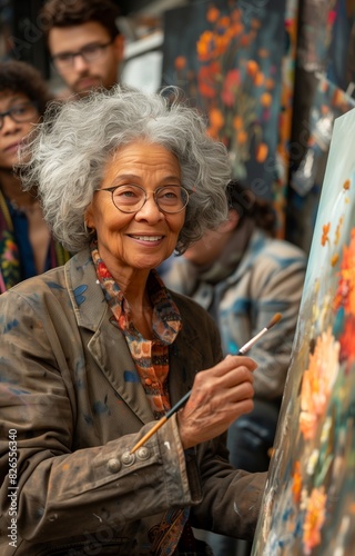 Elderly businesswoman guides gray haired man in painting a canvas, sharing artistic techniques and insights © yevgeniya131988