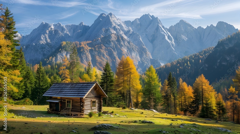 Serene Mountain Cabin Nestled in Autumnal Wilderness Under Towering Peaks