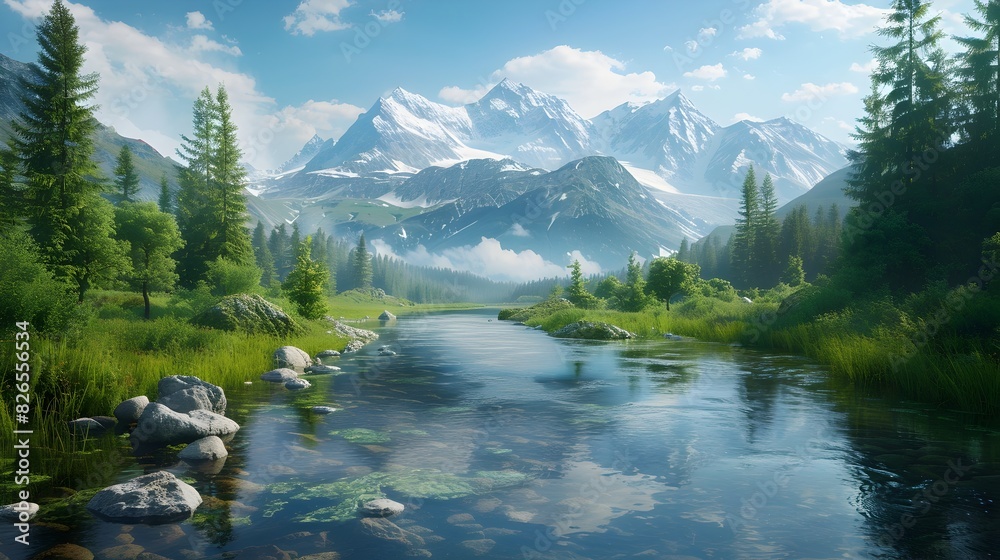 Majestic Mountain Landscape with Flowing Stream and Distant Snow Capped Peaks in Lush Forest Setting Majestic Mountain Landscape with Flowing Stream and Distant Snow Capped Peaks in Lush Forest Setting