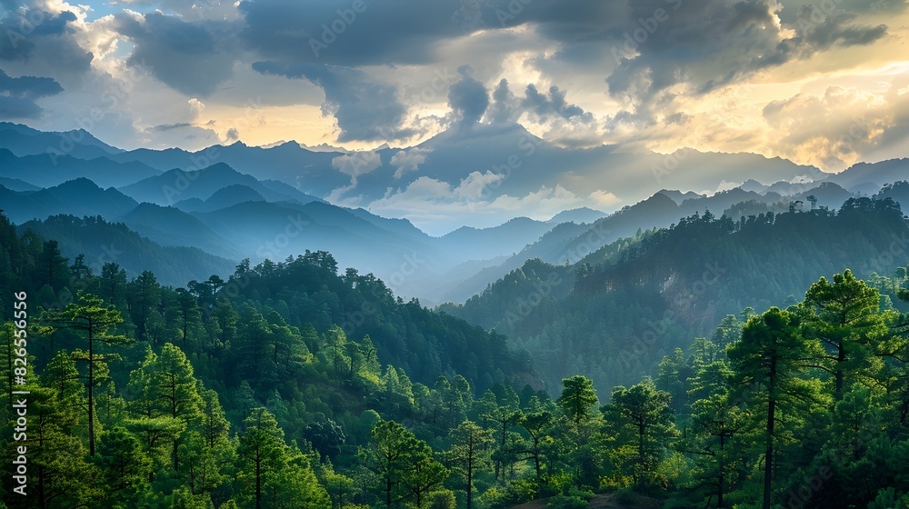 Majestic Mountain Landscape with Dramatic Skies and Lush Forest Serenity