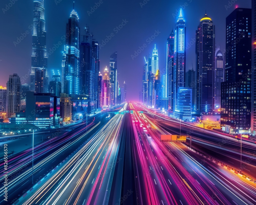 City lights at night with streaks of red and blue light trails from the cars on the highway. City lights at night with streaks of red and blue light trails from the cars on the highway.
