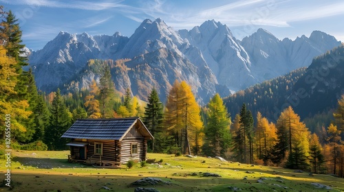 Serene Mountain Cabin Nestled in Autumnal Wilderness Under Towering Peaks