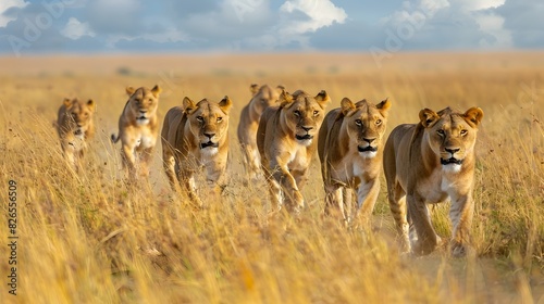 Lion Prides Harmonious Hunt in African Savannah photo
