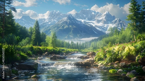 Majestic Snow Capped Mountains Reflected in Tranquil Forest Stream Landscape