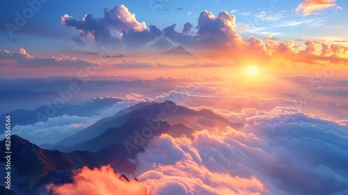 Majestic Mountain Panorama with Vibrant Sunset and Ethereal Cloud Filled Valleys