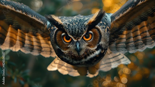 Intense Eyes Meet the Sky Great Horned Owl in Flight