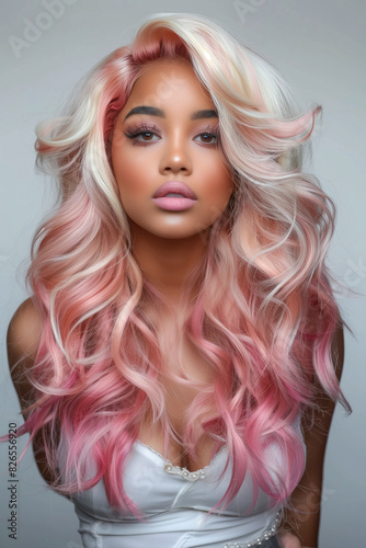 Black Woman with Pink Hair Style and Make-Up