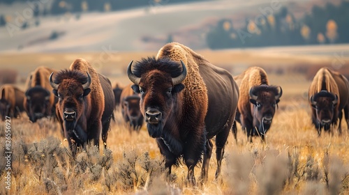 Bison Herd Grazing on North American Plains A Majestic Display of Strength and Tranquility photo