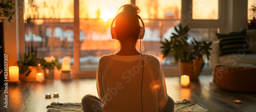 a woman use headphone listening musin in modern living room with aromatheraphy photo