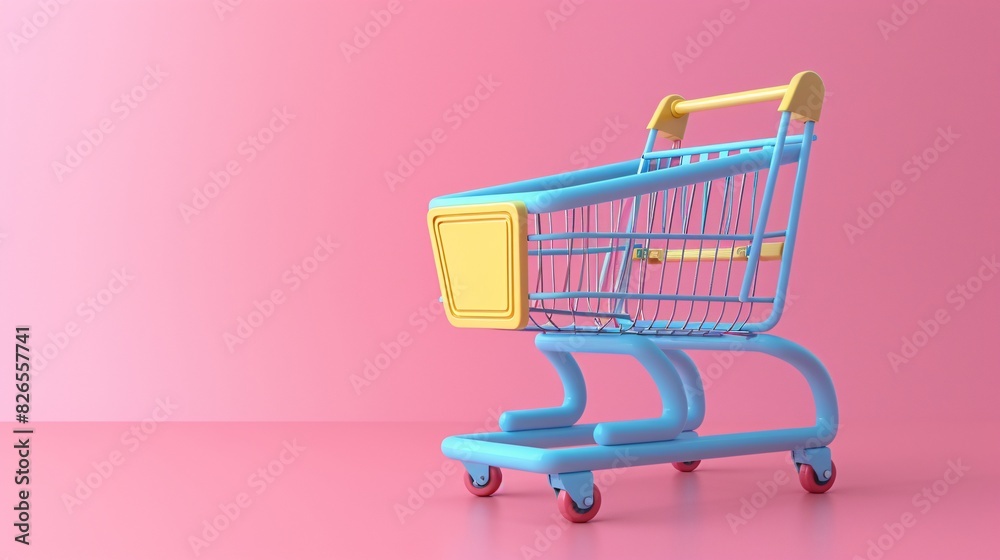 Vibrant image of a blue shopping cart with a yellow handle against a pink background, showcasing modern retail design and shopping concept. Vibrant image of a blue shopping cart with a yellow handle against a pink background, showcasing modern retail design and shopping concept.