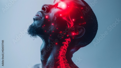 Close-up of a man experiencing neck pain, overlaid with a red hologram illustration and joint diagram