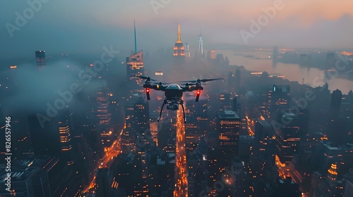 Drone Capturing Awe Inspiring Aerial Footage of Glittering Cityscape at Dusk with Skyscrapers Shrouded in Mist