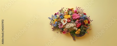 Human brain made of multi-colored wildflowers on yellow background, concept of neurodiversity and mental problems, banner with copy space photo