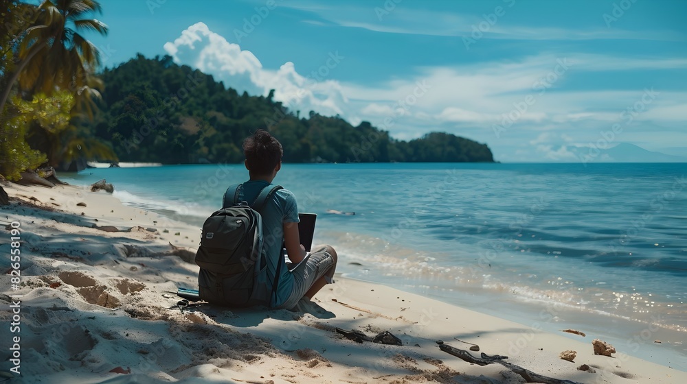 Digital Nomad Disconnecting in Scenic Beach Oasis for Remote Work Lifestyle