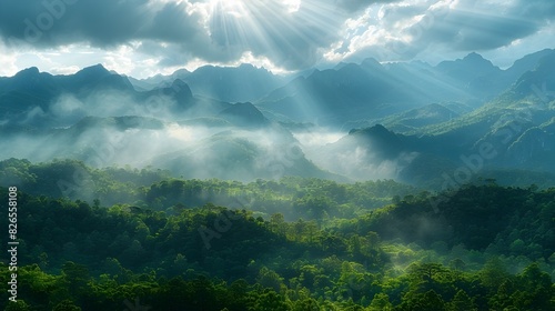 Majestic Mountain Range with Dense Forest and Dramatic Sky Filled with Sunlight and Clouds