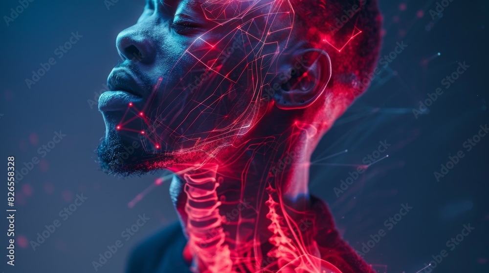 a man experiencing neck pain, overlaid with a red hologram illustration and joint diagram a man experiencing neck pain, overlaid with a red hologram illustration and joint diagram
