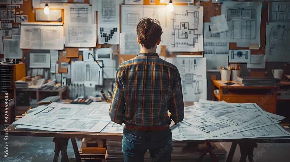 Architect Reviewing Blueprints in Modern Office during Creative Design Process for Architectural Innovation Architect Reviewing Blueprints in Modern Office during Creative Design Process for Architectural Innovation