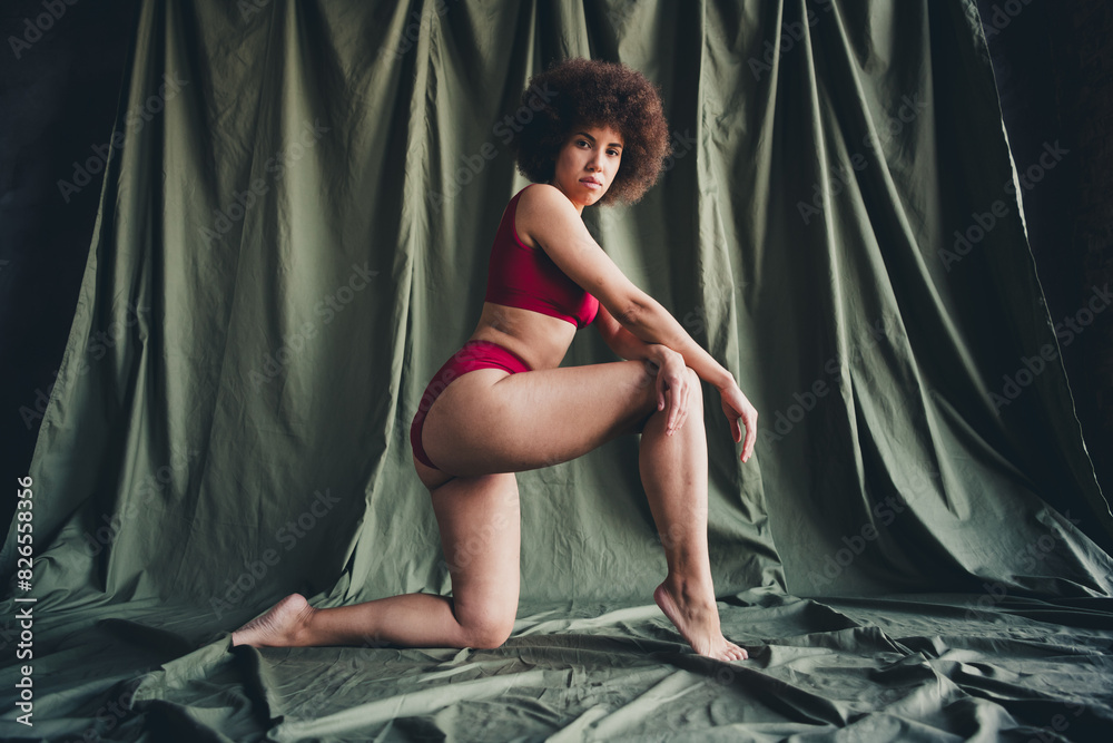 Unretouched photo of stunning girl stand knee feel body confident isolated linen green color background