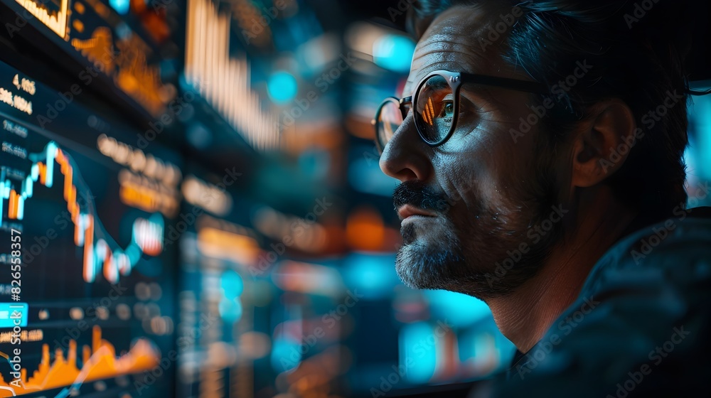 Intense Financial Analysis Trader Closely Examines Market Data on Multiple Screens for Savvy Investment Decisions Intense Financial Analysis Trader Closely Examines Market Data on Multiple Screens for Savvy Investment Decisions