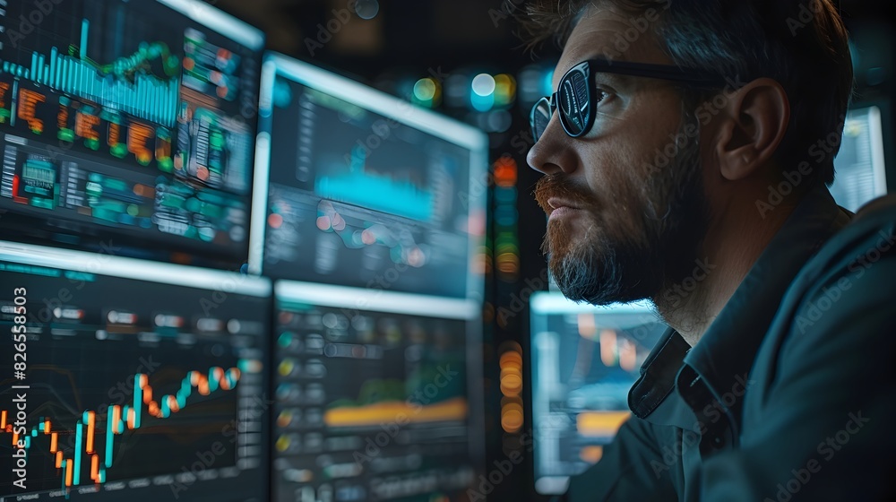 Financial Analyst Reviewing Market Data on Computer Screens Financial Analyst Reviewing Market Data on Computer Screens