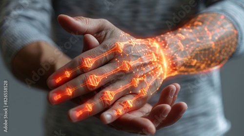 Close-up of a man experiencing wrist pain, overlaid with a red hologram illustration and joint diagram