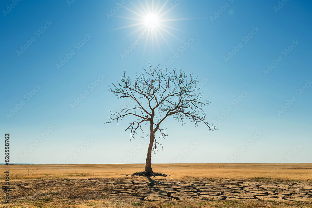 Abnormal heat, drought. A lone dead tree with bare branches standing against a barren landscape symbolizes the harsh effects of drought.