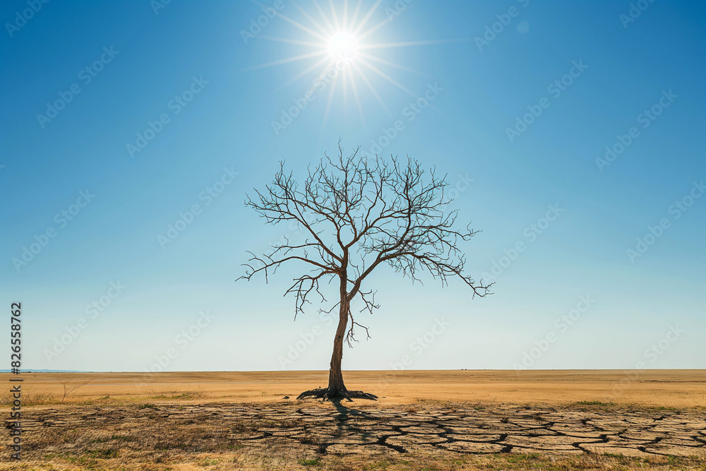 Abnormal heat, drought. A lone dead tree with bare branches standing against a barren landscape symbolizes the harsh effects of drought. Abnormal heat, drought. A lone dead tree with bare branches standing against a barren landscape symbolizes the harsh effects of drought.