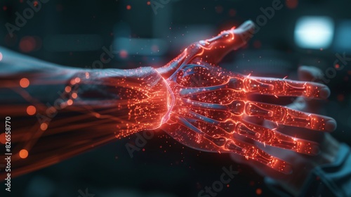 Close-up of a man experiencing wrist pain, overlaid with a red hologram illustration and joint diagram photo