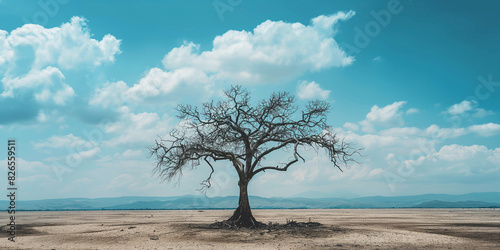 Abnormal heat, drought. A lone withered tree standing against a barren landscape, with bare branches and withered leaves, symbolizing the harsh effects of drought and lack of water on nature. photo