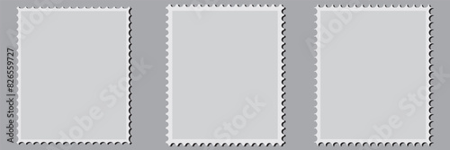 Postage stamp set. Post stamp frame or border. Grey round, square, rectangular template for mail, postcard, letter. Jagged wavy edge forms. Vintage objects for poster, banner, badge, sticker. Vecto