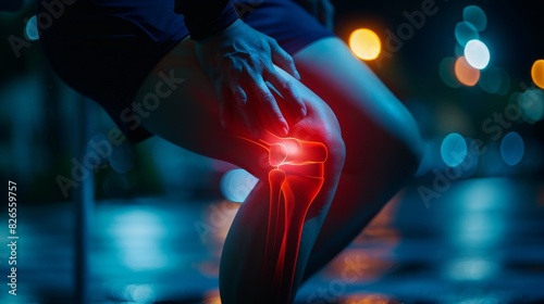 Close-up of a person's knee with an overlay of a red hologram illustrating knee pain photo