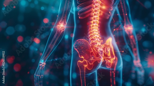 Close-up of a person lower back in pain, overlaid with a red hologram outline and bone pain chart