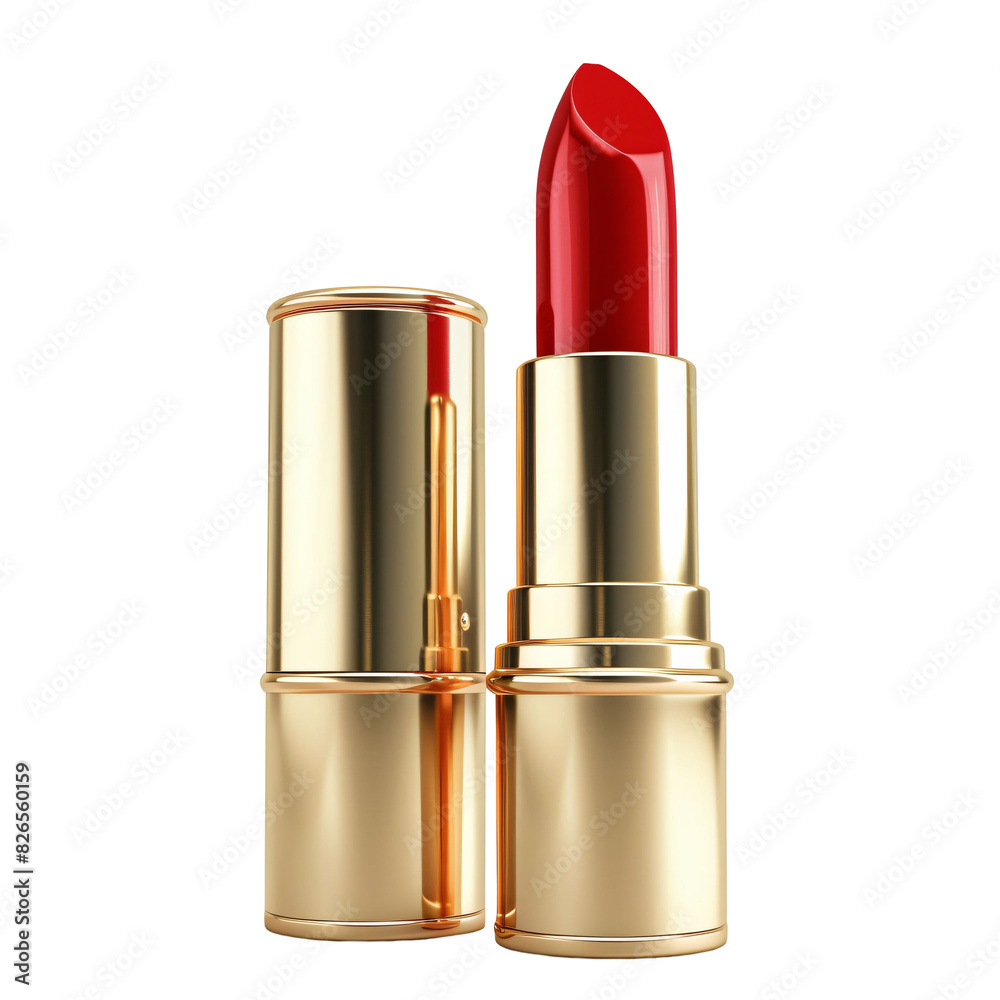 Obraz premium Classic red lipstick with a golden case isolated on white and transparent background