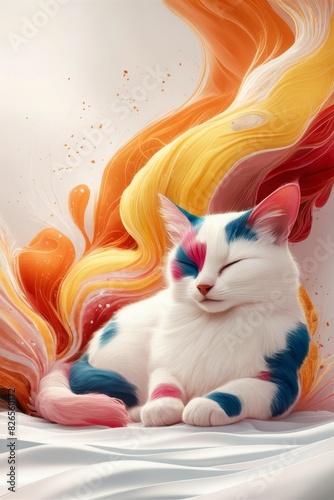 Colorful Cat Illustration with Vibrant Swirls , Ideal for Posters and Cards
