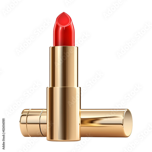 Classic red lipstick with a golden case isolated on white and transparent background photo