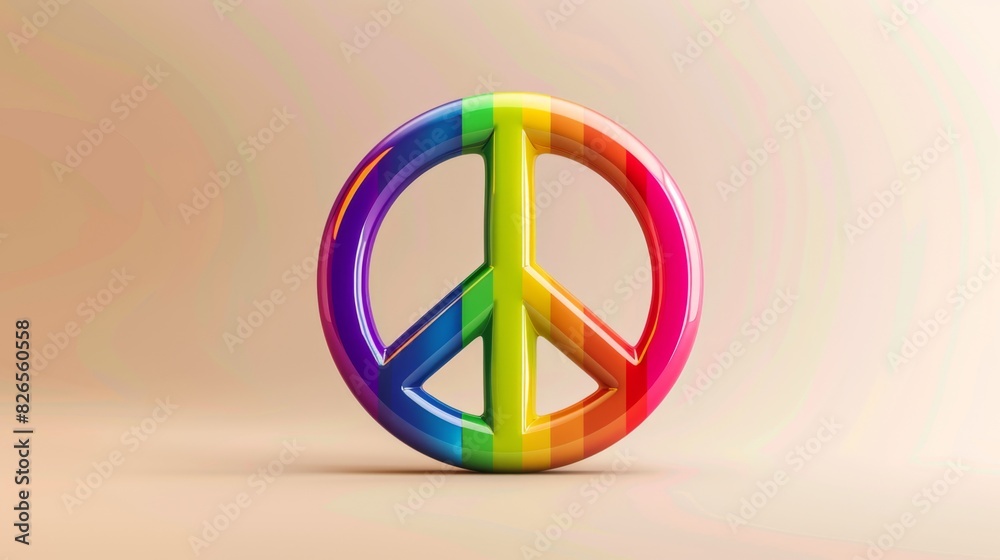 Vibrant rainbow peace symbol on a soft beige background, representing love, unity, and diversity in a minimalist style. Vibrant rainbow peace symbol on a soft beige background, representing love, unity, and diversity in a minimalist style.