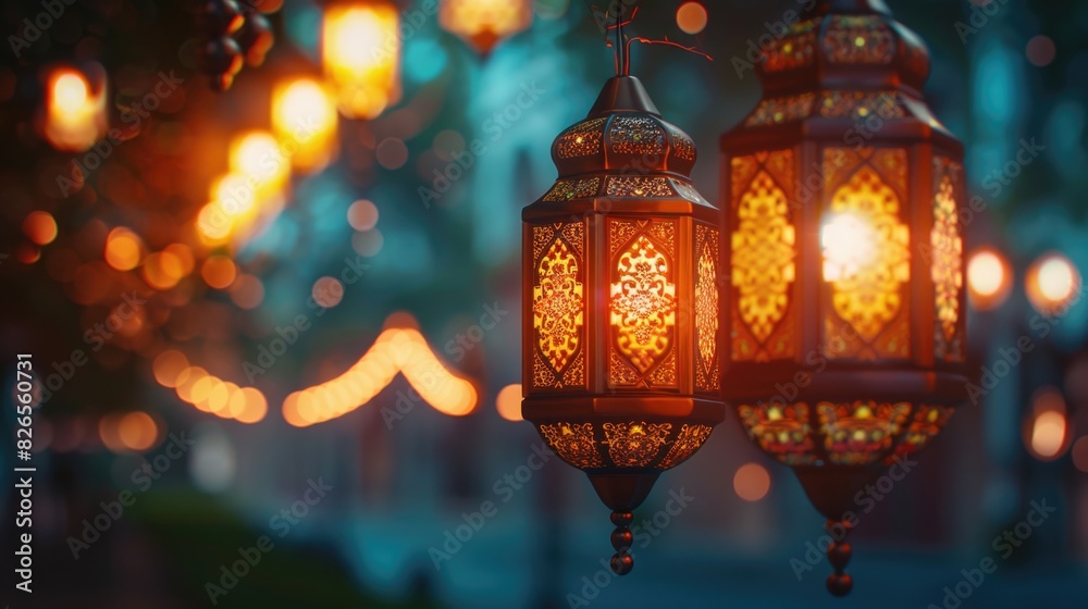 Traditional Illuminated Ramadan Lanterns Hanging at Dusk Traditional Illuminated Ramadan Lanterns Hanging at Dusk