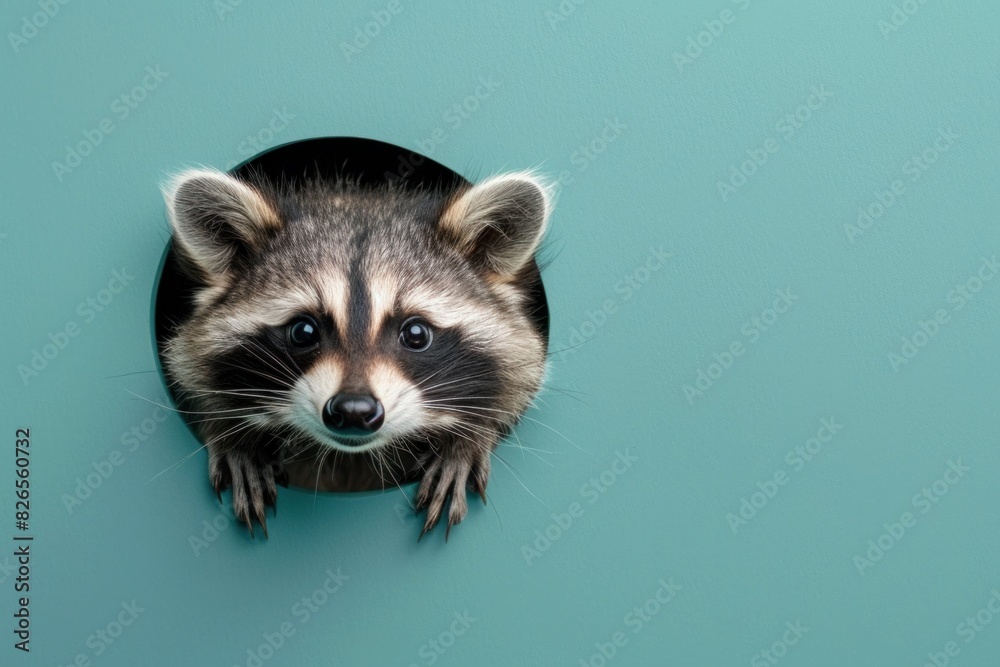 Cute Raccoon Peeking from Hole in Blue Wall Cute Raccoon Peeking from Hole in Blue Wall
