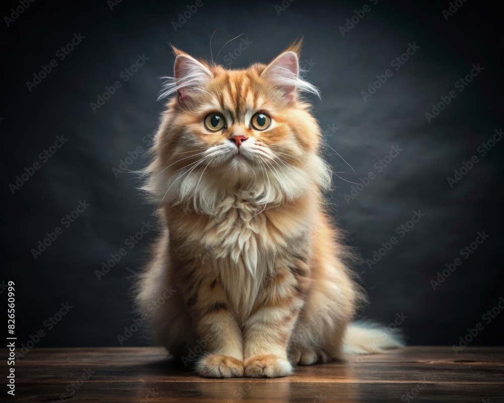 British Longhair breed cat sitting isolated on dark smoky background looking at camera. British Longhair breed cat sitting isolated on dark smoky background looking at camera.