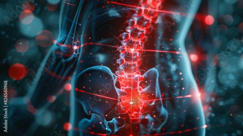 Close-up of a person lower back with a double exposure of a red hologram outline and pain diagram
