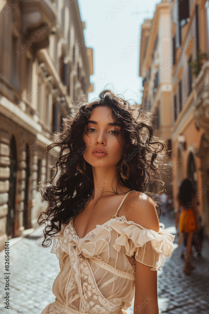 Romantic Portrait on Woman in Beige Dress on Rome Street Romantic Portrait on Woman in Beige Dress on Rome Street