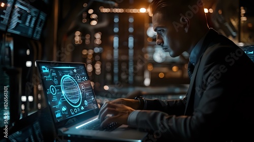 Man working on a futuristic laptop with a digital interface  ideal for cybersecurity  technology  and data analytics content.