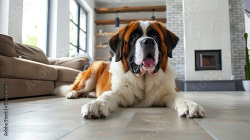Photo a big St. Bernard dog lies on the floor in a modern large house and looks at the camera