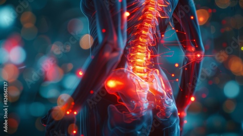 Close-up of a person lower back with a double exposure of a red hologram outline and pain diagram photo