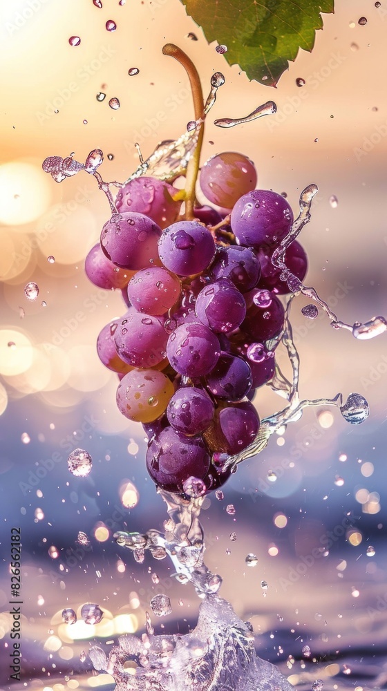 Fresh Grapes with Splashing Water at Sunset Fresh Grapes with Splashing Water at Sunset