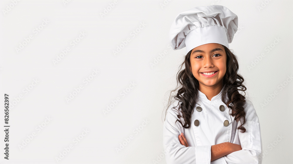 A cute happy smiling young Latin girl dresses like a chef on a plain white background with copy space for text. A cute happy smiling young Latin girl dresses like a chef on a plain white background with copy space for text.
